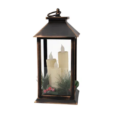 Декоративный фонарь со свечкой и шишкой, бронзовый корпус, размер 14x14x27 см, цвет теплый белый | 513-048 | NEON-NIGHT