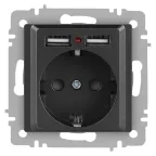 Розетка Intro Accent 6-410-07 P+E Schuko со шторками, 16А-250В + 2хUSB, IP20, СУ, графит