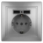 Розетка 2P+E Schuko со шторками с заземлением , 16А-250В + 2хUSB 5В-2,1А, IP20, СУ, алюминий, Intro Plano 1-410-03