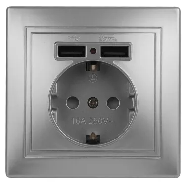 Розетка 2P+E Schuko со шторками с заземлением , 16А-250В + 2хUSB 5В-2,1А, IP20, СУ, алюминий, Intro Plano 1-410-03
