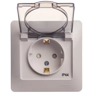 GLOSSA Розетка с заземлением со шторками с крышкой белая в сборе IP44