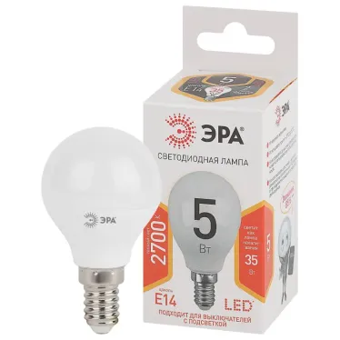 Лампа светодиодная LED P45-5W-827-E14 (диод, шар, 5Вт, тепл, E14 (10/100/3500)
