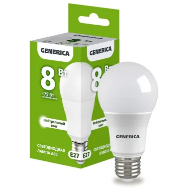 Лампа светодиодная A60 груша 8Вт 230В 4000К E27 GENERICA