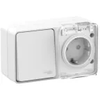 AtlasDesign Profi54 БЛОК: розетка с заземлением со шторками 16А 250B, выключатель одноклавишный IP54 10А, БЕЛЫЙ, Россия