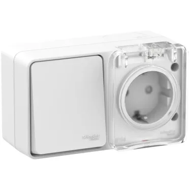 AtlasDesign Profi54 БЛОК: розетка с заземлением со шторками 16А 250B, выключатель одноклавишный IP54 10А, БЕЛЫЙ, Россия