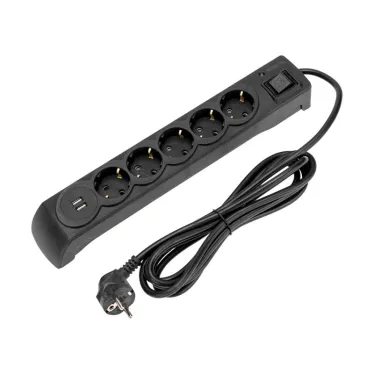 Фильтр сетевой 5 гнезд, 3 м, 3х1,5 мм2, с автовыкл, 2 USB, черный
