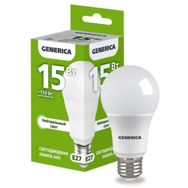 Лампа светодиодная A60 груша 15Вт 230В 4000К E27 GENERICA