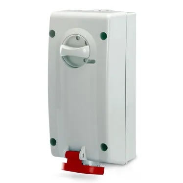 Розетка наружной установки IP44 16А 3P+E+N 400В с механической блокировкой и боковым расположением разъема