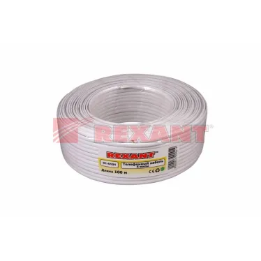 Телефонный кабель ШТЛП 4 жилы Cu, белый, 100м, REXANT