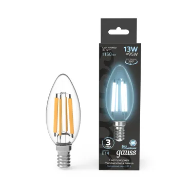 Лампа светодиодная Filament Свеча 13W 1150lm 4100К Е14 LED 1/10/50 | 103801213 | Gauss