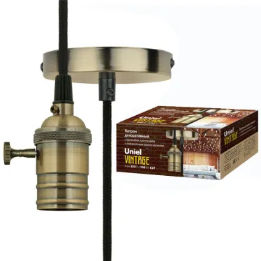 Патрон декоративный, ''Vintage'', с проводом (1м) и креплением. Выключатель поворотный. Материал алюминий. Цвет бронза.