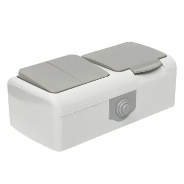 Блок розетка Мурманск 1-м 16А с заземлением с крышкой + двухклавишный выключатель IP54 серый