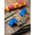 Шина 0 N (8х12мм) 4 отверстия латунь 2 синих угловых изолятора PROxima