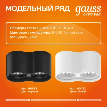 Светильник светодиодный накладной HD033 24W (черный/черный) 3000K 180x100*100мм | HD033 | Gauss