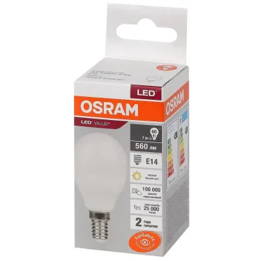 Лампа светодиодная LED 7 Вт E14 3000К 560Лм шарик 220 В (замена 60Вт) OSRAM