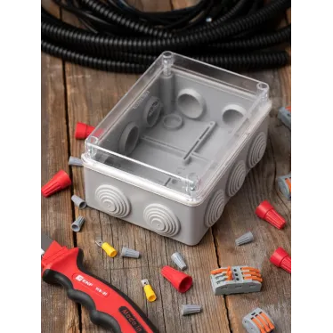 Коробка распаячная КМР-050-041пк пылевлагозащищенная10 мембранных вводов уплотнительный шнур прозрачная крышкой (150х110х70) PROxima