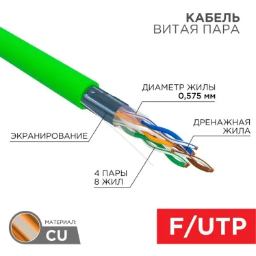 Витая пара F/UTP CAT 6 нг(А)-LSLTx 4х2х0.57мм 23AWG INDOOR SOLID зеленый 305м
