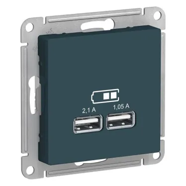 Розетка ATLASDESIGN USB 5В 1 порт x 2,1 А 2 порта х 1,05 А механизм изумруд