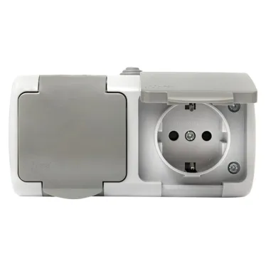 Розетка 2-местная Мурманск 16А с заземлением с крышкой IP54 серый с защитными шторками