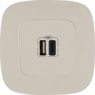 Valena ALLURE.Зарядное устройство с двумя USB-разьемами тип А-тип С 240В/5В 3000мА.С лицевой панелью.Цвет Слоновая кость