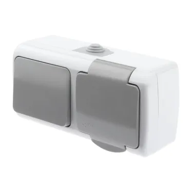 Блок розетка с выключателем Intro Atlantic 5-701-03 одноклавишным 2P+E, 10(16)А-250В, открытой установки, IP54, серый