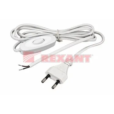 Шнур сетевой, вилка плоская с выключателем, без розетки, кабель 2x0.5 мм, длина 1,8 метра, 2.5 A, белый