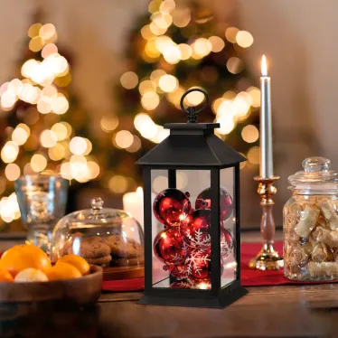 Декоративный фонарь с шариками, черный корпус, размер 14х14х27 см, цвет теплый белый | 513-063 | NEON-NIGHT