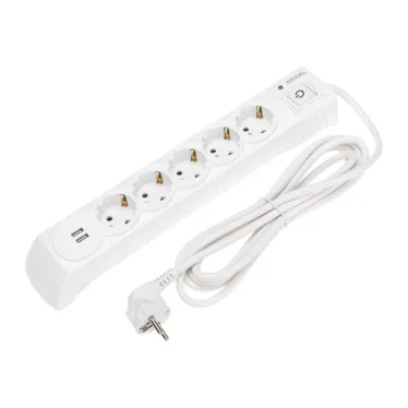 Фильтр сетевой 5 гнезд, 3 м, 3х1,5 мм2, с автовыкл, 2 USB, белый