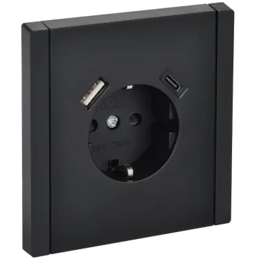 FORTE@PIANO Розетка 1-местная с заземлением с защитными шторками винтовое крепление 16А USB A+C 18Вт FP147 черный IEK