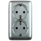 Розетка двойная наружная с заземлением с изоляционной пластиной серебро (стакан)