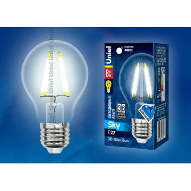 Лампа светодиодная LED 8вт 200-250В форма А прозрачное 800Лм E27 4000К Sky филамент