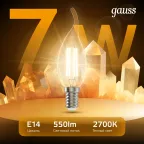 Лампа светодиодная LED 7Вт E14 220В 2700К свеча на ветру | 104801107 | Gauss
