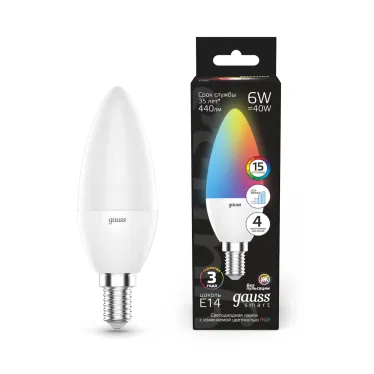 Лампа светодиодная Smart LED Свеча С37 6W E14 RGBW+dim 1/10/100 | 103101406 | Gauss