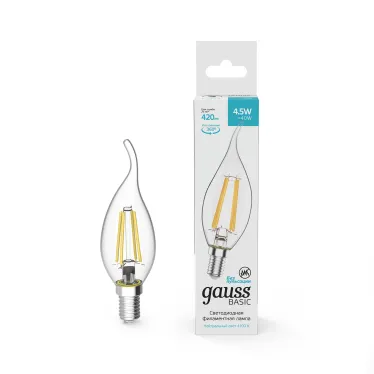 Лампа светодиодная Basic Filament Свеча на ветру 4,5W 420lm 4100К Е14 LED 1/10/50 | 1041125 | Gauss