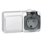 ЭТЮД Блок Выключатель одноклавишный/Розетка наружная с заземлением со шторками IP44 белый