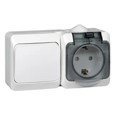 ЭТЮД Блок Выключатель одноклавишный/Розетка наружная с заземлением со шторками IP44 белый
