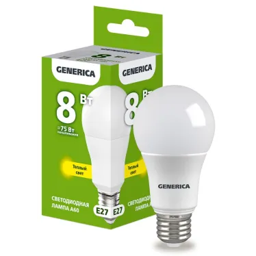 Лампа светодиодная A60 груша 8Вт 230В 3000К E27 GENERICA