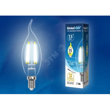 Лампа светодиодная LED-CW35-7,5W/NW/E14/CL GLA01TR LED. "свеча на ветру", прозр серия Air. 4000K | UL-00003296 | Uniel