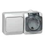 ЭТЮД Блок Переключатель одноклавишный/Розетка наружная с заземлением со шторками IP44 серый