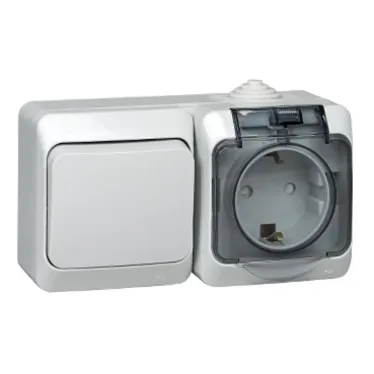 ЭТЮД Блок Переключатель одноклавишный/Розетка наружная с заземлением со шторками IP44 серый