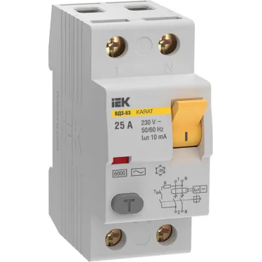 Выключатель дифференциальный (УЗО) KARAT ВД3-63 2P 25А 10мА 6кА тип AC