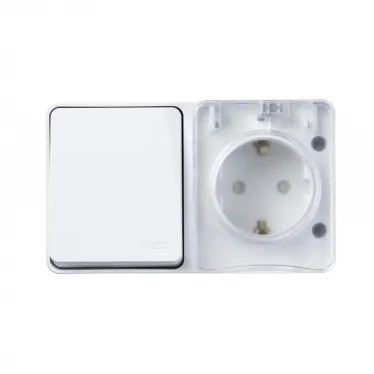 AtlasDesign Profi54 БЛОК: розетка с заземлением со шторками 16А 250B, выключатель одноклавишный IP54 10А, БЕЛЫЙ, Россия