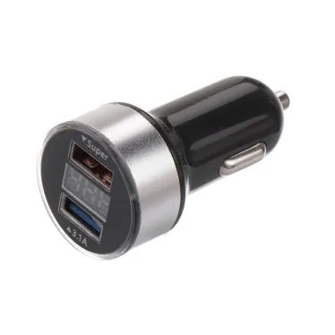 Автозарядка в прикуриватель 2хUSB с дисплеем, АЗУ, 1000+2100 mA, серебристая,