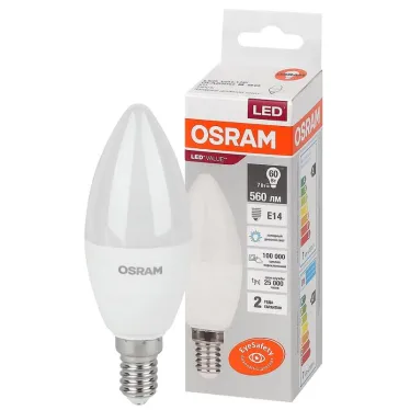 Лампа светодиодная LED 7 Вт E14 6500К 560Лм свеча 220 В (замена 60Вт) OSRAM