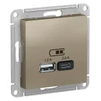 РОЗЕТКА USB ATLASDESIGN A+С, 5В/2,4А, 2х5В/1,2А, механизм, ШАМПАНЬ
