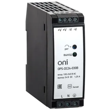 Блок питания импульсный промышленный . Диапазон входных напряжений 90-264В AC или 127-370В DC. Номинальное выходное напряжение 24В DC. Номинальный выходной ток 1,25 А. Номинальная мощность 30Вт. Защиты от перенапряжения и перегрузки