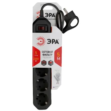 Сетевой фильтр USF-5es-5m-B базовая защита, с/з, с выкл, 5гн, 5м, ПВС, 10А, черный (20/500)