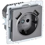 BRITE Розетка с заземлением с защитными шторками 16А с USB A+A 3,1А РЮш10-2-БрС сталь