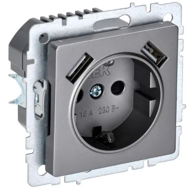 BRITE Розетка с заземлением с защитными шторками 16А с USB A+A 3,1А РЮш10-2-БрС сталь