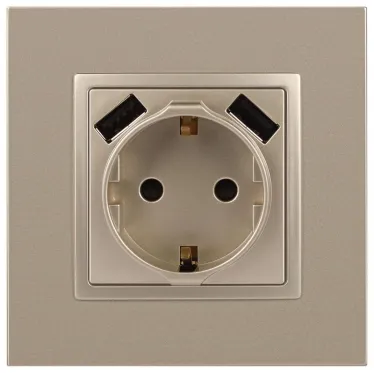 Розетка 2P+E 16A-250В, штор. с 2xUSB 5В-3А, Эра Elegance, шампань 14-4109-04